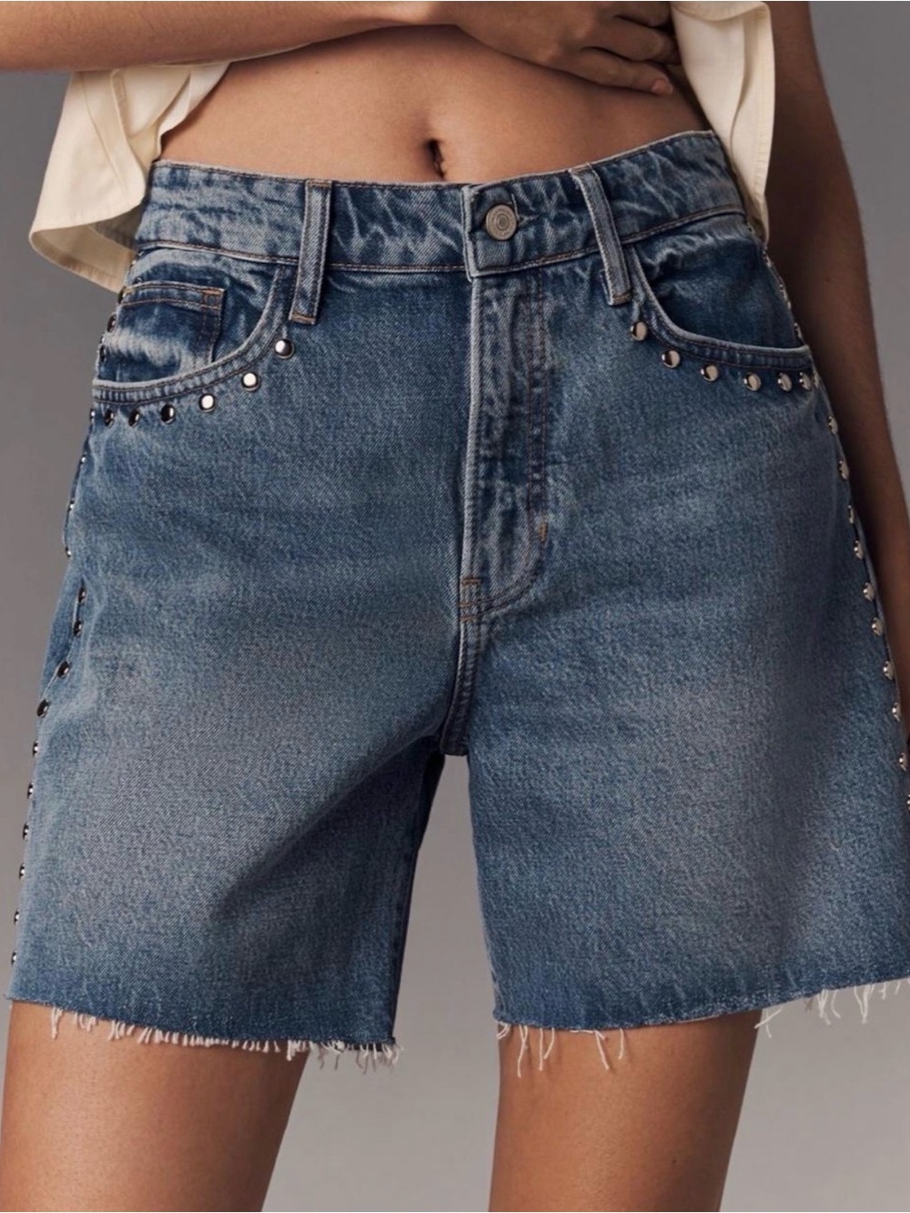 Reformation Blue Stud-Embellished Denim Shorts